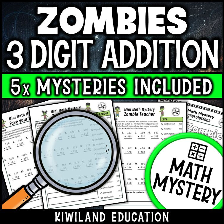 Halloween zombie 3-digit addition math mystery answer key