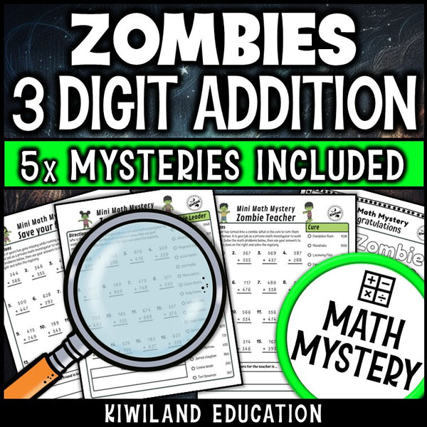 Halloween zombie 3-digit addition math mystery answer key