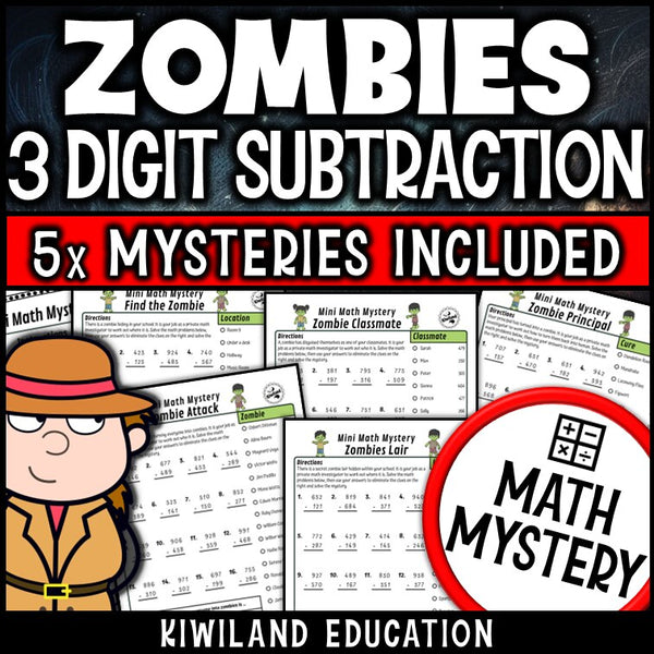 Halloween zombie 3-digit subtraction with regrouping math mystery worksheets cover