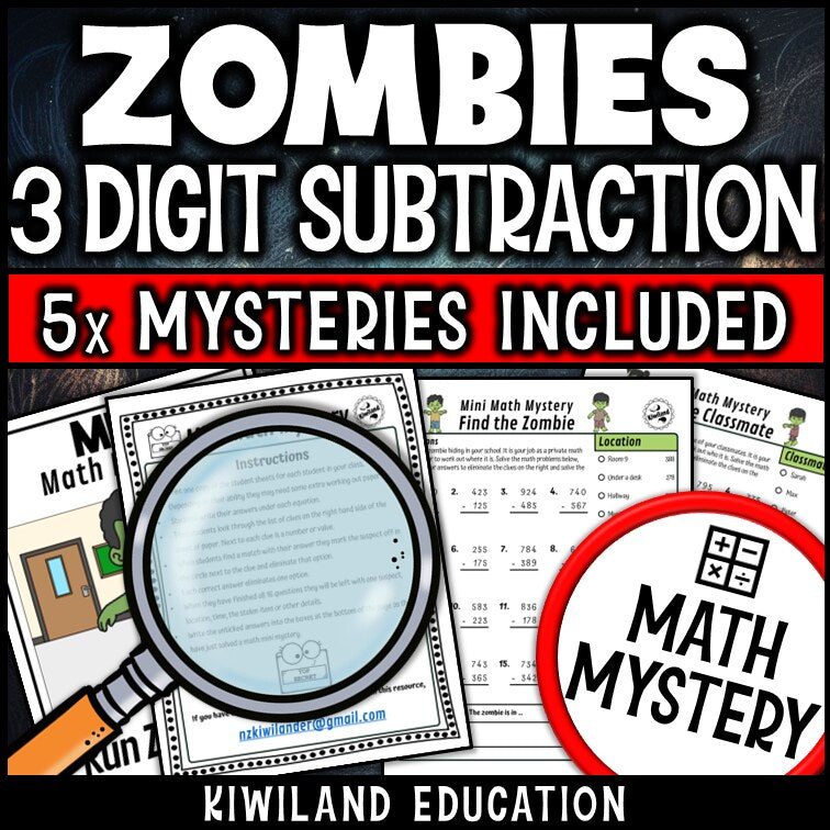 Halloween zombie 3-digit subtraction math mystery worksheet sample page