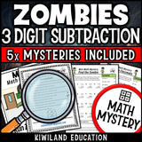 Halloween zombie 3-digit subtraction math mystery worksheet sample page