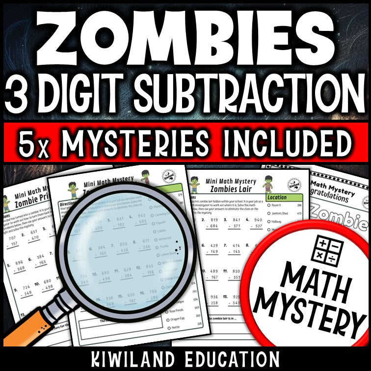 Halloween zombie 3-digit subtraction math mystery answer key