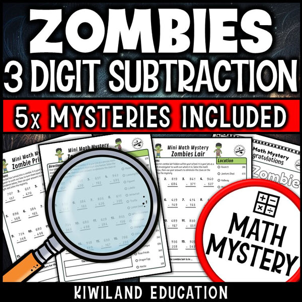 Halloween zombie 3-digit subtraction math mystery answer key