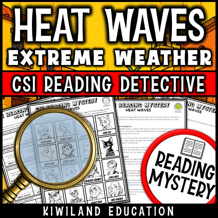 Heat wave CSI reading mystery comprehension questions and suspect lineup