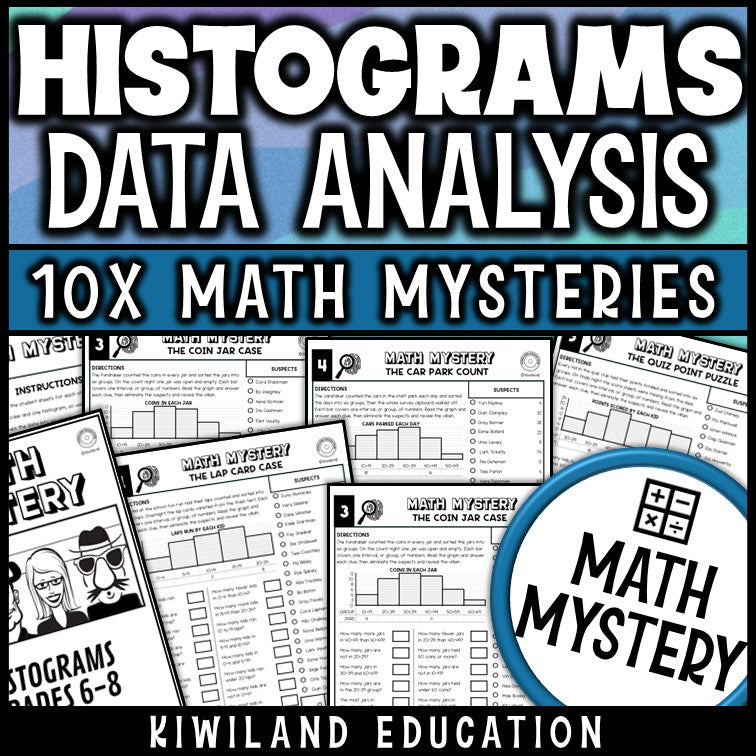 Histogram worksheets math mystery for 6th 7th 8th grade, no prep printable data analysis detective pack