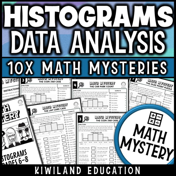 Histogram worksheets math mystery for 6th 7th 8th grade, no prep printable data analysis detective pack