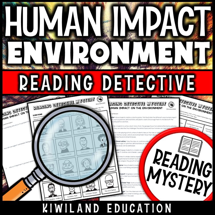 Human impact reading mystery comprehension questions worksheet with suspect line-up