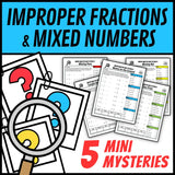 Improper fractions and mixed numbers Mini Math Mystery worksheets, detective cover grades 4-5