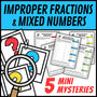 Improper fractions and mixed numbers Mini Math Mystery worksheets, detective cover grades 4-5
