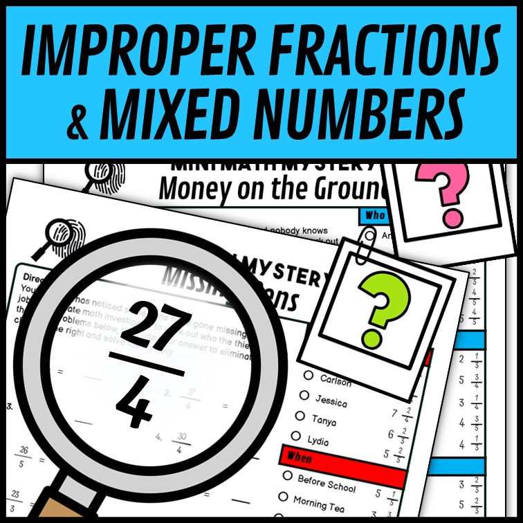 Sample improper fractions to mixed numbers worksheet, the Missing Pens mystery