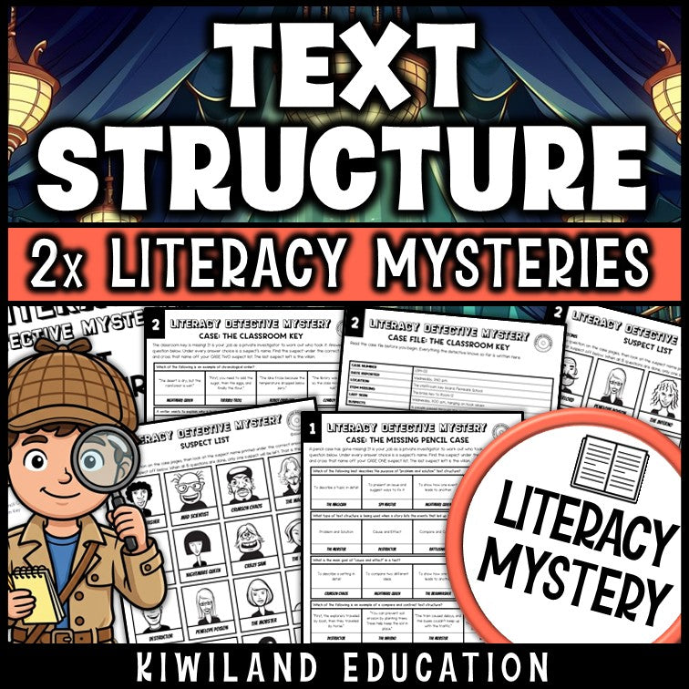 Informational text structure worksheets for 3rd 4th 5th grade, cause and effect, compare and contrast, no-prep printable Literacy Mystery