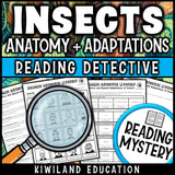 Insect anatomy reading mystery comprehension questions worksheet with suspect line-up