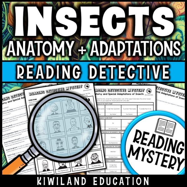 Insect anatomy reading mystery comprehension questions worksheet with suspect line-up