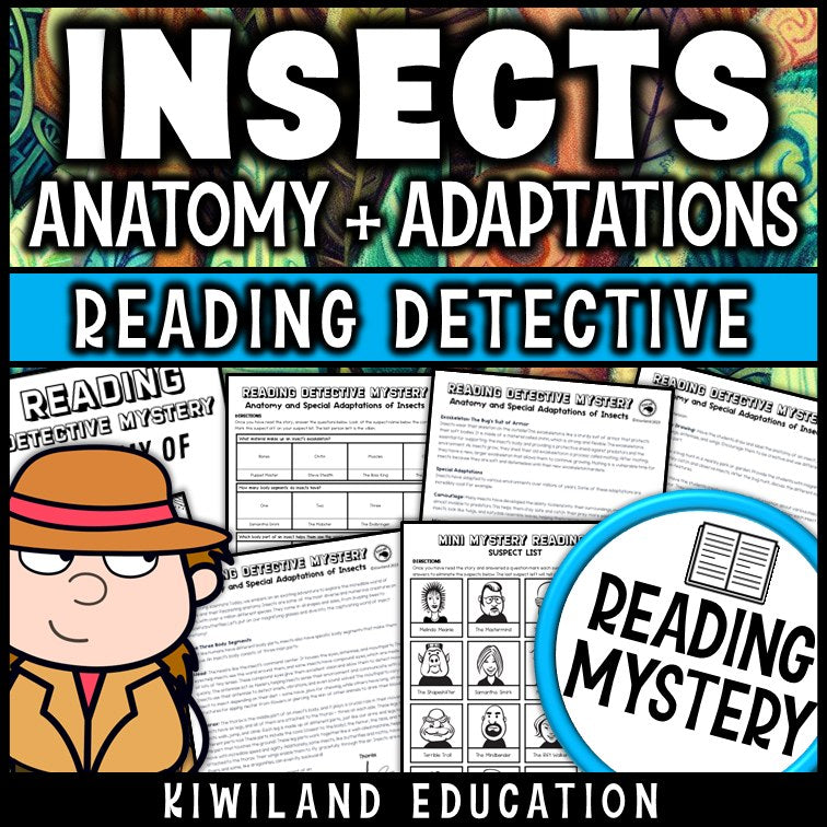 Insect anatomy and adaptations reading mystery comprehension activity cover for grades 3-6