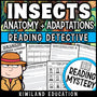 Insect anatomy and adaptations reading mystery comprehension activity cover for grades 3-6