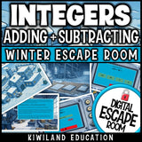 Winter-themed integers escape room puzzle screen with a code lock