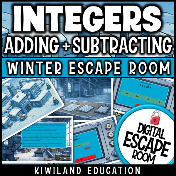 Winter-themed integers escape room puzzle screen with a code lock