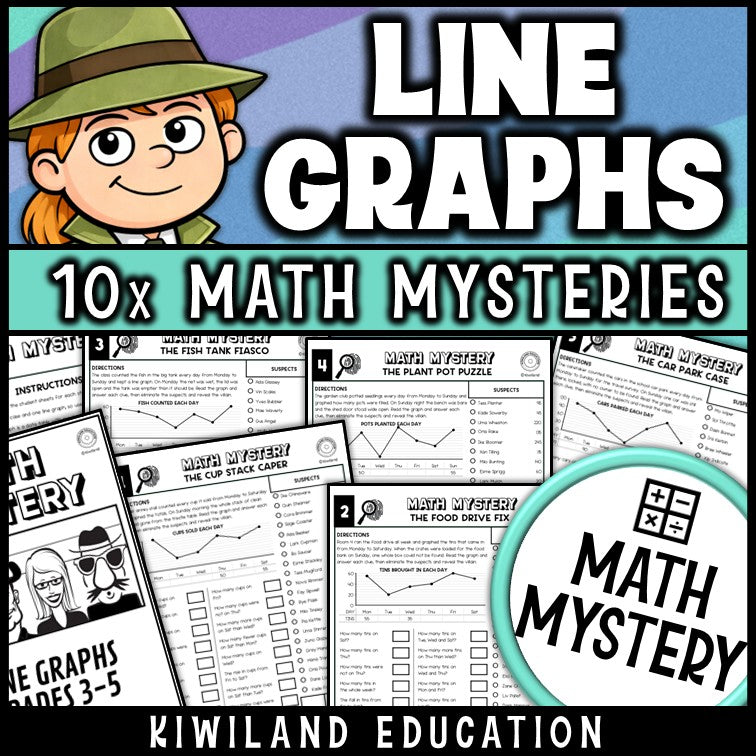 Interpreting line graphs math mystery worksheets for grades 3 4 5, printable detective data pack