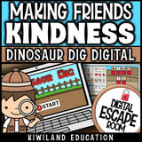 Kindness and friendship SEL digital escape room cover, dinosaur theme grades 2–4