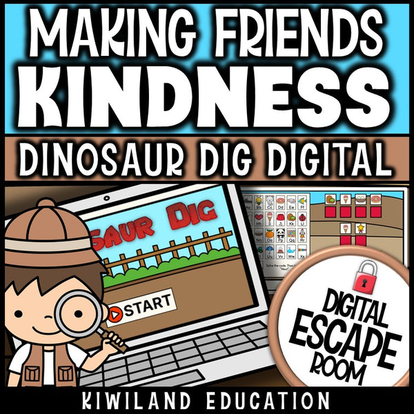 Kindness and friendship SEL digital escape room cover, dinosaur theme grades 2–4