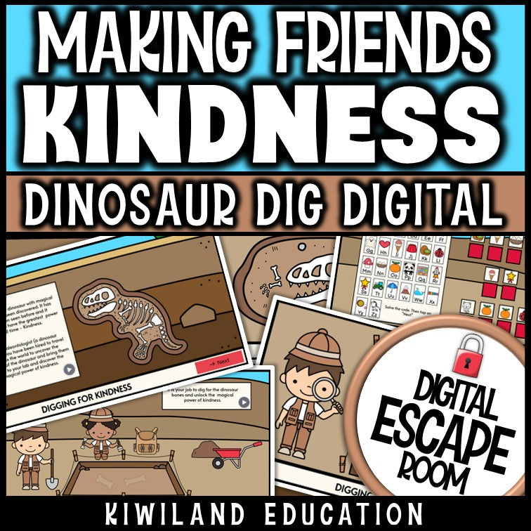 Dinosaur-themed kindness and friendship escape room puzzle screen