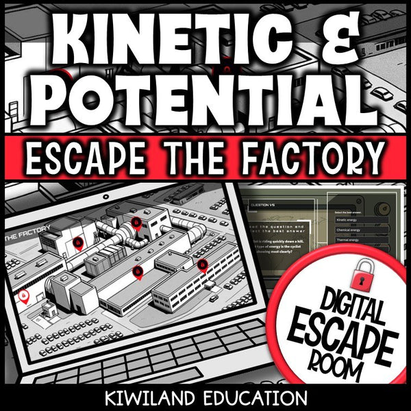 Kinetic and potential energy digital escape room cover for grades 6–8 physical science