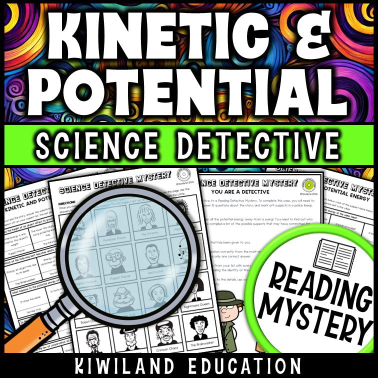 Kinetic and potential energy reading mystery comprehension questions worksheet with suspect line-up