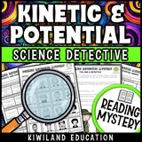 Kinetic and potential energy reading mystery comprehension questions worksheet with suspect line-up