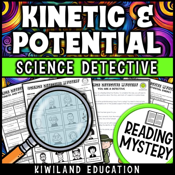 Kinetic and potential energy reading mystery comprehension questions worksheet with suspect line-up