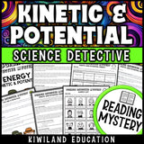 Kinetic and potential energy reading mystery comprehension activity cover for grades 3-6
