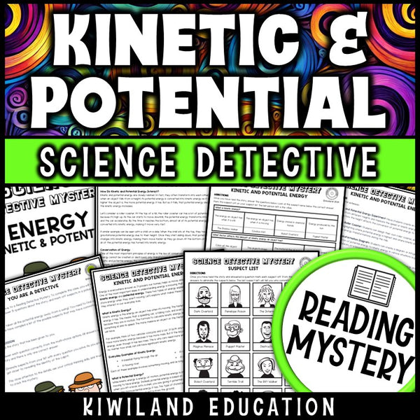Kinetic and potential energy reading mystery comprehension activity cover for grades 3-6