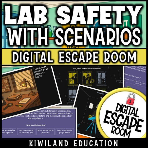 No-prep lab safety review game with self-checking detective mystery locks