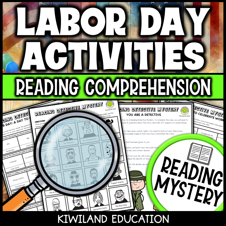 Labor Day reading mystery comprehension questions worksheet with suspect line-up