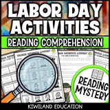 Labor Day reading mystery comprehension questions worksheet with suspect line-up