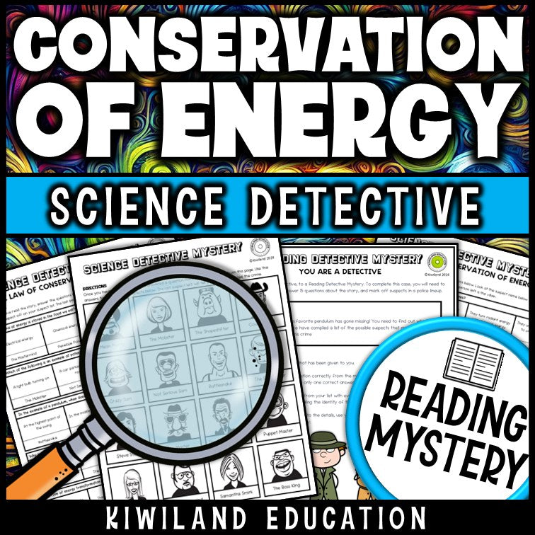 Law of conservation of energy reading mystery comprehension questions worksheet with suspect line-up