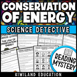 Law of conservation of energy reading mystery comprehension activity cover for grades 3-6