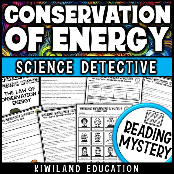 Law of conservation of energy reading mystery comprehension activity cover for grades 3-6