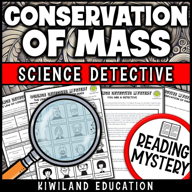 Law of conservation of mass reading mystery comprehension questions worksheet with suspect line-up