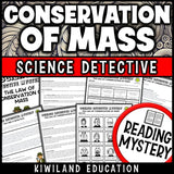 Law of conservation of mass reading mystery comprehension activity cover for grades 3-6
