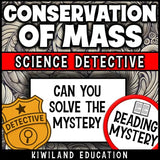 Law of Conservation of Mass CSI Science Reading Mystery printable worksheet set for middle school