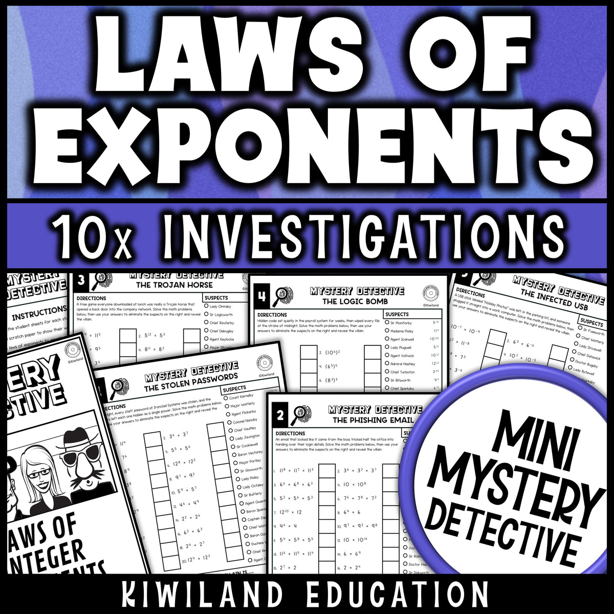 Laws of exponents worksheets for 8th grade math, ten no prep hacker detective cases with exponent rules practice