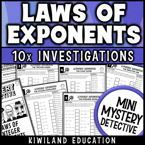 Laws of exponents worksheets for 8th grade math, ten no prep hacker detective cases with exponent rules practice