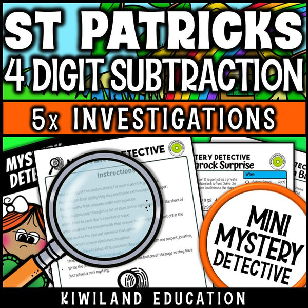Leprechaun detective cases subtracting four digit numbers