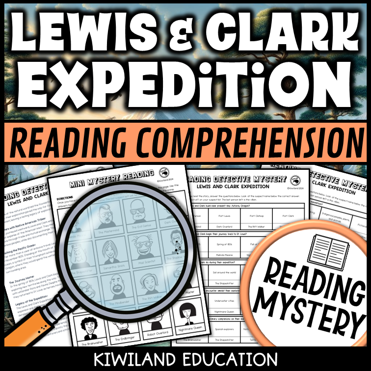 Lewis and Clark reading mystery comprehension questions worksheet with suspect line-up