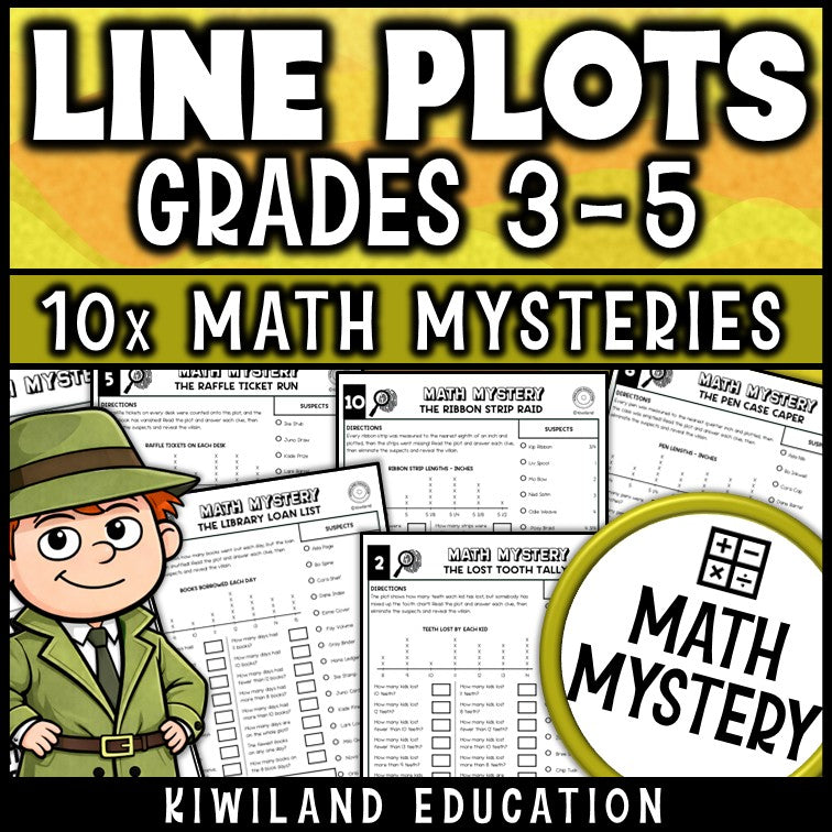 Line plots and dot plots with fractions math mystery worksheets for grades 3 to 5, printable pack