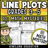 Line plots and dot plots with fractions math mystery worksheets for grades 3 to 5, printable pack