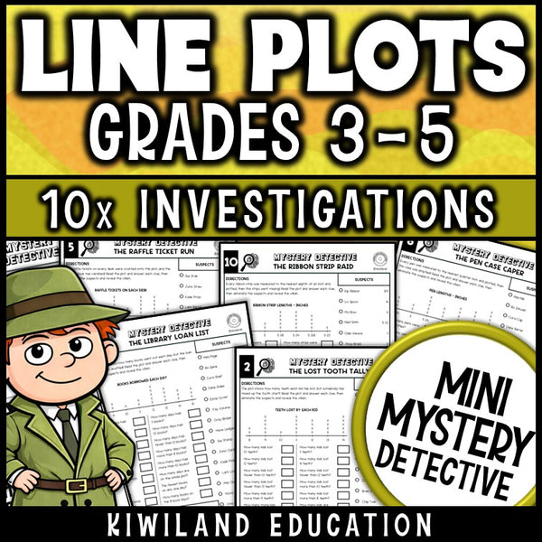 Line plots and dot plots with fractions mystery detective worksheets grades 3-5