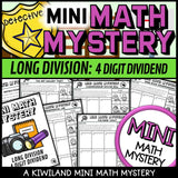 Long division 4-digit no remainders math mystery worksheets cover