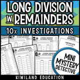 Long division practice pages dividing 4-digit numbers by 1-digit divisors, with a certificate of achievement for every student detective