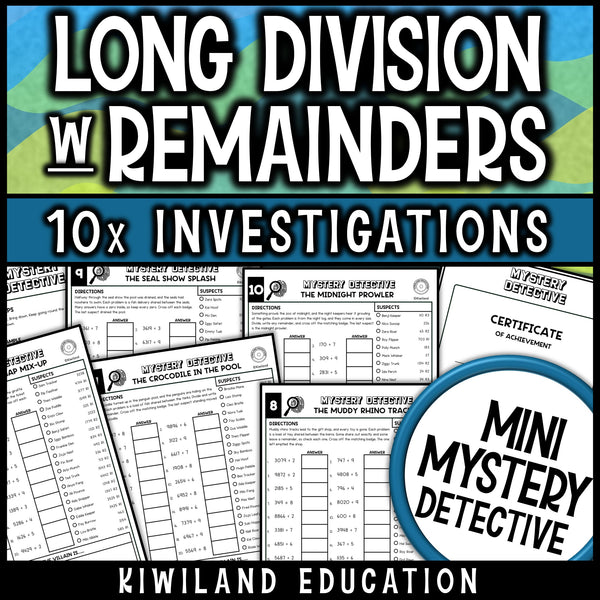 Long division practice pages dividing 4-digit numbers by 1-digit divisors, with a certificate of achievement for every student detective